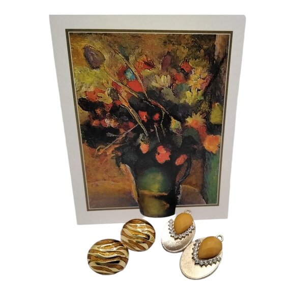 1980s Orange & Gold Pushback Earrings with Steel Posts - 2 Sets Pre Owned - Picture 1 of 3